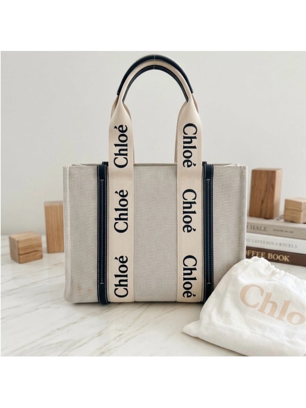 Chloé Medium Woody Tote Bag-White & Blue Canvas with Navy Leather Trim